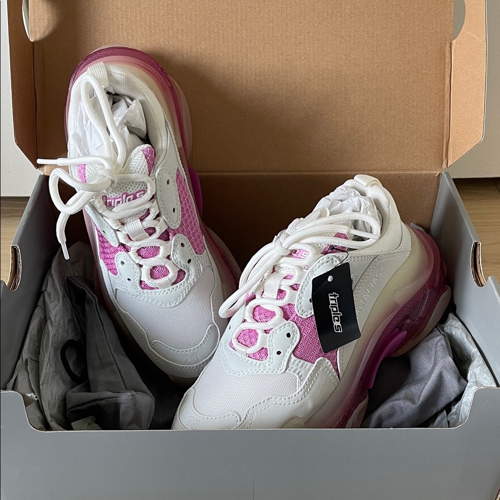 Stylish White and Pink Balenciaga Sneakers